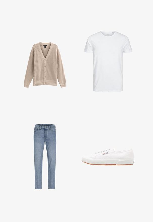 Cardigan en maille beige avec un col en V, texture côtelée et six boutons sur le devant. Il possède des manches longues et une coupe décontractée.; T-shirt à col rond à manches courtes de couleur blanche unie, fabriqué en coton doux, avec un design simple sans motifs ni accents visibles.; Jeans en denim bleu clair avec une coupe droite, design à cinq poches, coutures piquées et fermeture à bouton à la taille.; Baskets en toile blanches avec une semelle en caoutchouc, design à lacets et une petite étiquette logo sur le côté. Tige blanche texturée et semelle extérieure marron.
