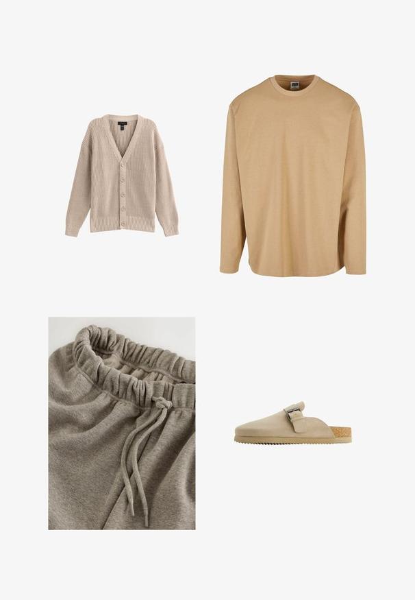 Beige strikket cardigan med V-hals, ribbet tekstur og seks frontknapper. Har lange ærmer og en afslappet pasform.; Beige langærmet t-shirt lavet af blød bomuld, med rund hals, afslappet pasform og glat tekstur med minimale syninger.; Grå bomulds joggingbukser med elastisk talje og rynket tekstur samt snøre til justering. Glat, blødt stof.; Beige ruskindssko med en buet form, justerbar metalspænde og struktureret korksål. Ydersålen har en sål med takker for bedre greb.