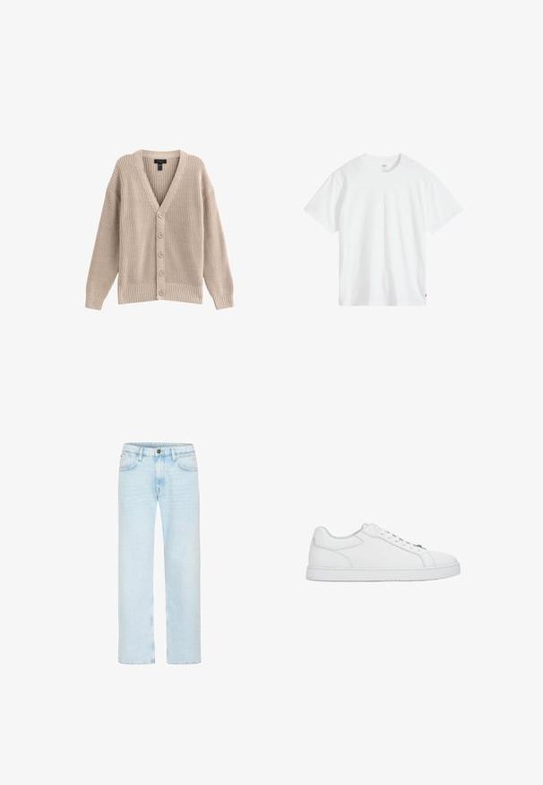 Beige gebreide cardigan met een V-hals, geribbelde textuur en zes knopen aan de voorkant. Voorzien van lange mouwen en een relaxte pasvorm.; Wit katoenen T-shirt met een ronde hals, korte mouwen en een ontspannen pasvorm. Voorzien van een klein merklipje aan de linkeronderkant.; Lichtblauwe jeans met rechte pijpen, knoop en rits aan de voorkant, riemlussen en voorzakken op een witte achtergrond.; Witte lage leren sneaker met witte veters, gestikte details en een platte rubberen zool, vanaf de zijkant getoond op een effen achtergrond.