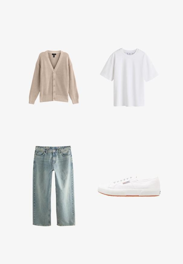 Beige gebreide cardigan met een V-hals, geribbelde textuur en zes knopen aan de voorkant. Voorzien van lange mouwen en een relaxte pasvorm.; Effen wit katoenen T-shirt met korte mouwen en een ronde hals, van voren getoond op een witte achtergrond.; Lichtblauwe denim baggy jeans hebben een rechte pijp, een vijf-pocket ontwerp en een zichtbare metalen knoopsluiting.; Witte canvas sneakers met een rubberen zool, vetersluiting en een klein logolabel aan de zijkant. Gewreven wit bovenwerk en een bruine zool.