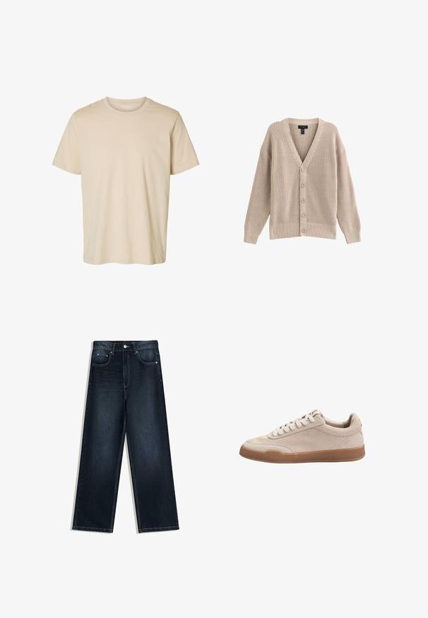 Beige strikket cardigan med V-hals, ribbet tekstur og seks frontknapper. Har lange ærmer og en afslappet pasform.; Beige T-shirt med korte ærmer og rund hals med ensfarvet design, lavet af blødt stof.; Vidbenede mørkeblå denimjeans med en glat tekstur, der har frontlukning med knapper, fem lommer og kontrasterende syninger.; Beige ruskind lav-top sneaker med hvide snørebånd, polstret krave og brun gummisål, vist i profil fra højre side.