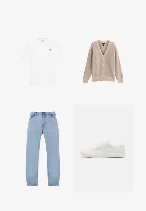 Beige strikket cardigan med V-hals, ribbet tekstur og seks frontknapper. Har lange ærmer og en afslappet pasform.; Hvid kortærmet t-shirt med rund halsudskæring og et lille gråt geometrisk logo på venstre bryst. Lavet af blødt bomuldsmateriale.; Lys blå denimjeans med et lige ben-design, der har fire lommer, en lynlås og detaljer i gul syning.; Hvide sneakers med en glat læderoverdel, rund tå, flad gummisål og seks øjestik til snørebånd. Subtile syninger og minimalistisk design.
