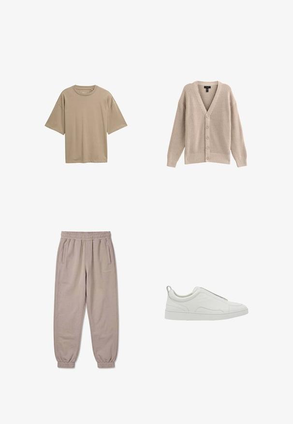 Beige strikket cardigan med V-hals, ribbet tekstur og seks frontknapper. Har lange ærmer og en afslappet pasform.; Beige kortærmet t-shirt med en løs pasform, rund halsudskæring og glat tekstur. Ingen synlige mønstre eller hardware detaljer.; Beige joggingbukser med elastisk talje og manchetter, sidelommer og lille "PECADOR" logo på højre lår.; Hvid lavtop sneaker med slip-on design, polstret krave og trækstrop ved hælen, med en tyk gummisål og glat læderoverdel.