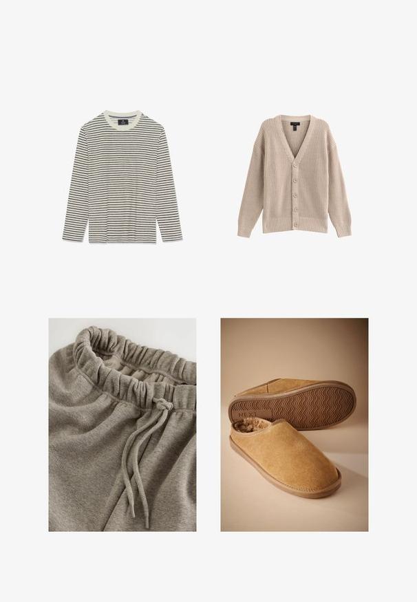 Cardigan de punto beige con cuello en V, textura acanalada y seis botones delanteros. Presenta mangas largas y un corte relajado.; Camisa de manga larga con una base crema y finas rayas marinas. Presenta un cuello redondo y una textura suave. Sin logotipos ni adornos visibles.; Pantalones de chándal grises de algodón con una cinturilla elástica de textura fruncida y un cordón para mayor ajustabilidad. Tejido suave y liso.; Zapatillas marrones de ante tipo slip-on con forro de lana suave y suela de goma texturizada, una zapatilla mostrando la suela con la marca "NEXT".