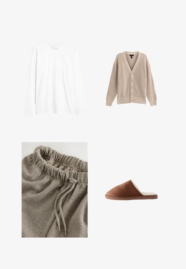 Beige strikket cardigan med V-hals, ribbet tekstur og seks frontknapper. Har lange ærmer og en afslappet pasform.; Langærmet hvid t-shirt lavet af bomuld. Har rund halsudskæring, slim fit og sideslids ved kanten. Simpelt design uden mønstre.; Grå bomulds joggingbukser med elastisk talje og rynket tekstur samt snøre til justering. Glat, blødt stof.; Brune ruskindssandal med en blød hvid pelsforing, der har et lukket tådesign og en flad, tekstureret sål.