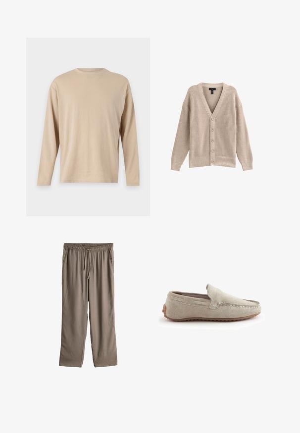 Cardigan de punto beige con cuello en V, textura acanalada y seis botones delanteros. Presenta mangas largas y un corte relajado.; Camisa beige de manga larga hecha de tejido suave, con un corte recto, escote redondo y un detalle de costura mínima a lo largo del dobladillo y las mangas.; Pantalones de color topo de corte ancho con cinturilla elástica, cordón ajustable y bolsillos laterales, presentados en plano sobre un fondo blanco.; Mocasin de ante beige sin cordones con punta redondeada, detalle de costura a lo largo del borde y suela de goma. Textura suave con ajuste flexible.