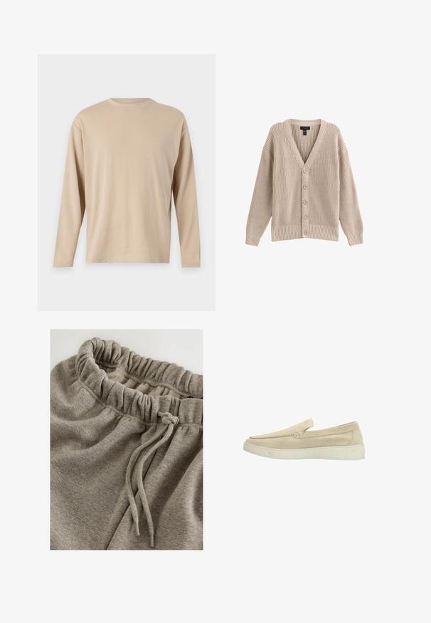 Beige gebreide cardigan met een V-hals, geribbelde textuur en zes knopen aan de voorkant. Voorzien van lange mouwen en een relaxte pasvorm.; Beige langesleeve shirt gemaakt van zachte stof met een rechte snit, ronde halslijn en minimale stikdetails langs de zoom en de mouwen.; Grijze katoenen sweatpants met een elastische tailleband met een geplooide textuur en een koord voor verstelbaarheid. Glad, zacht stof.; Beige suède instappers met witte rubberen zool, minimaal stiksel en lage hak, weergegeven in zijaanzicht op een witte achtergrond.
