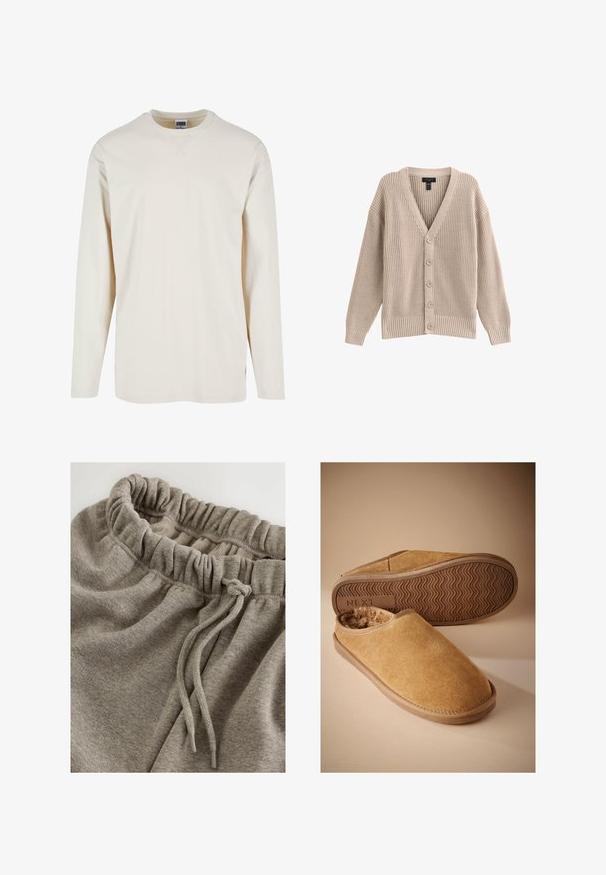 Cardigan de punto beige con cuello en V, textura acanalada y seis botones delanteros. Presenta mangas largas y un corte relajado.; Camiseta de manga larga en color crema, confeccionada en suave algodón, con un escote redondo y aberturas laterales para mayor comodidad. Diseño minimalista, textura lisa.; Pantalones de chándal grises de algodón con una cinturilla elástica de textura fruncida y un cordón para mayor ajustabilidad. Tejido suave y liso.; Zapatillas marrones de ante tipo slip-on con forro de lana suave y suela de goma texturizada, una zapatilla mostrando la suela con la marca "NEXT".