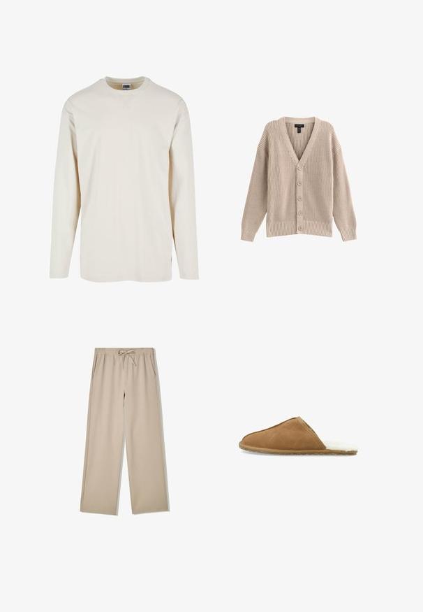 Beige strikket cardigan med V-hals, ribbet tekstur og seks frontknapper. Har lange ærmer og en afslappet pasform.; Langærmet cremegul t-shirt lavet af blød bomuld, med rund halsudskæring og sideslids for ekstra komfort. Minimalistisk design, ensfarvet tekstur.; Beige bukser med vidde i benene, elastisk talje og snor, med sidelommer, lagt fladt på hvid baggrund.; Brun ruskind slip-on tøffel med blødt hvidt imiteret pelsfor, rundet tå og tekstureret sål for godt greb. Enkelt design uden pynt.
