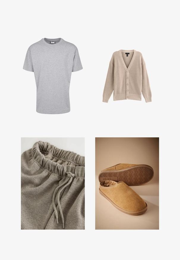 Beige Strickjacke mit V-Ausschnitt, geripptem Muster und sechs vorderen Knöpfen. Sie hat lange Ärmel und eine lockere Passform.; Graues Baumwoll-T-Shirt mit rundem Halsausschnitt und kurzen Ärmeln. Einfaches Design, keine Muster oder Akzente. Klassischer, lockerer Schnitt.; Graue Baumwoll-Sweatpants mit elastischem Taillenbund und geraffter Textur sowie einer Kordel zum Verstellen. Glatter, weicher Stoff.; Braune Wildleder-Hausschuhe zum Hineinschlüpfen mit weichem Fleecefutter und profilierter Gummisohle, ein Hausschuh zeigt die Sohle mit der "NEXT"-Markierung.