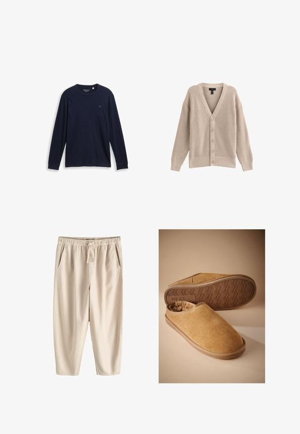 Beige gebreide cardigan met een V-hals, geribbelde textuur en zes knopen aan de voorkant. Voorzien van lange mouwen en een relaxte pasvorm.; Marineblauwe T-shirt met lange mouwen, gemaakt van zachte katoen, met een ronde halslijn, gestikte zomen en een klein, geborduurd logo op de borst.; Beige casual broek met elastische tailleband en trekkoord, met zijzakken en een ontspannen rechte pijp pasvorm.; Bruine suède instapslippers met een zachte fleece voering en een geribbelde rubberen zool, één slipper toont de zool met het "NEXT" logo.
