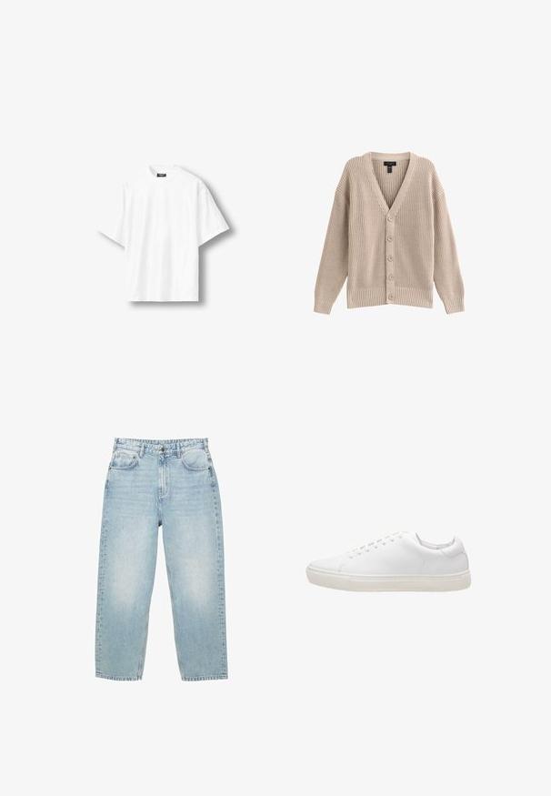 Beige gebreide cardigan met een V-hals, geribbelde textuur en zes knopen aan de voorkant. Voorzien van lange mouwen en een relaxte pasvorm.; Effen wit oversized T-shirt met korte mouwen en een ronde hals, met een zwart label aan de binnenkant van de achterkant van de kraag, getoond op een lichte achtergrond.; Lichtblauwe high-waist spijkerbroek met een rechte pijp, voor- en achterzakken en een knoopsluiting met zichtbare stiksels.; Witte leren sneaker met een gladde textuur, ronde neus, vetersluiting en een platte rubberen zool. Minimalistisch ontwerp zonder zichtbare patronen.