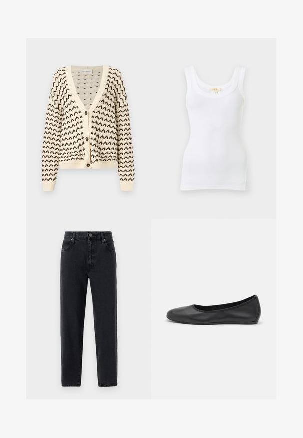 Cardigan en maille crème avec motif zigzag noir, col en V, manches longues, fermeture par boutons et poignets ainsi qu'ourlet côtelés.; Débardeur blanc côtelé sans manches avec encolure dégagée, présenté à plat sur un fond clair.; Pantalons en jean noir avec une coupe droite, comportant cinq poches, une fermeture à bouton et un détail de couture visible.; Ballerines en cuir noir avec un bout rond, texture lisse, détails de couture minimalistes et design de semelle flexible.
