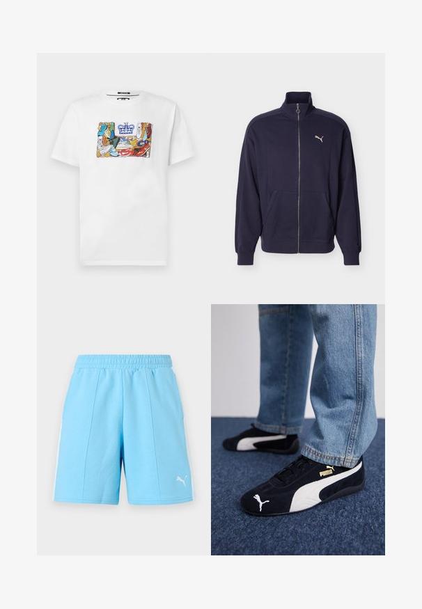 Veste de survêtement bleu marine zippée avec col montant, poches latérales, poignets côtelés et logo Puma blanc sur la poitrine.; T-shirt blanc avec un graphique de baskets colorées formant la forme d'un logo rectangulaire surmonté d'une couronne bleue.; Shorts de sport bleu clair avec taille élastique, bandes blanches sur les côtés et logo Puma sur la partie avant inférieure de la jambe droite.; Baskets en daim noir avec accents blancs, arborant un logo doré. Portées avec un jean en denim bleu clair et posées sur une surface bleue texturée.