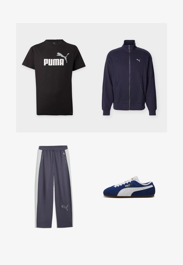 Veste de survêtement bleu marine zippée avec col montant, poches latérales, poignets côtelés et logo Puma blanc sur la poitrine.; T-shirt noir à manches courtes Puma avec logo texte Puma blanc et graphisme d'un puma sautant au centre avant.; Pantalon de survêtement Puma bleu marine avec panneaux latéraux blancs, taille élastique, poches latérales zippées et logo Puma sur la partie inférieure de la jambe droite.; Baskets Puma en daim bleu avec une bande blanche, des lacets blancs et un logo Puma doré sur le côté et la languette, vues de côté.