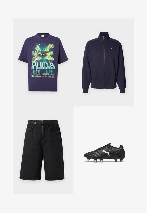 Veste de survêtement bleu marine zippée avec col montant, poches latérales, poignets côtelés et logo Puma blanc sur la poitrine.; T-shirt Puma bleu marine avec une fleur abstraite vert néon, numéro 48, texte Puma stylisé et petites icônes graphiques.; Shorts en denim noir avec une coupe ample, une taille mi-haute, cinq poches et des passants de ceinture. Le tissu a une texture lisse et des détails de couture subtils.; Bottes de football noires avec un matériau texturé, logo Puma blanc, fermeture à lacets et crampons en métal pour l'adhérence. Le design met l'accent sur la performance et le soutien.