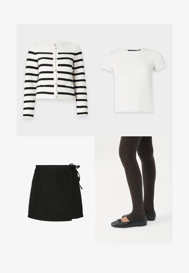 Cardigan rayé en crème et noir, texture tricotée, col rond, fermeture avant par boutons avec boutons décoratifs, deux poches avant.; T-shirt blanc à manches courtes en maille côtelée avec col rond, présenté sur un fond uni gris clair.; Jupe enveloppante en coton noir avec fermeture à nouer, coupe droite et ourlet au milieu de la cuisse. Présente une texture lisse et un design minimaliste.; Jambes portant des leggings côtelés foncés associés à des ballerines noires avec de petits détails en nœud sur fond blanc.