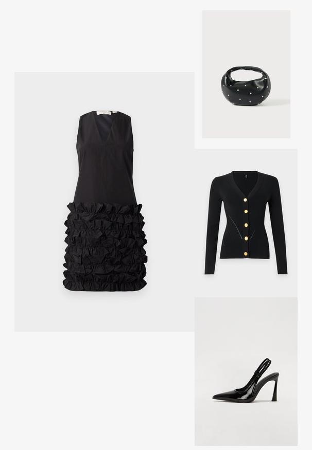 Cardigan noir moulant à manches longues avec col en V et cinq grands boutons dorés sur le devant.; Robe noire sans manches avec un décolleté en V et un design à fronces au niveau de la taille, avec un haut lisse contrastant et un bas texturé.; Escarpin en cuir verni noir à talon aiguille, à bout pointu, avec une sangle élastique double pour un maintien sécurisé. Surface lisse et brillante.; Sac à main en cuir noir de forme arrondie, décoré de clous argentés et équipé d'une poignée courte. Texture lisse et fermeture éclair.