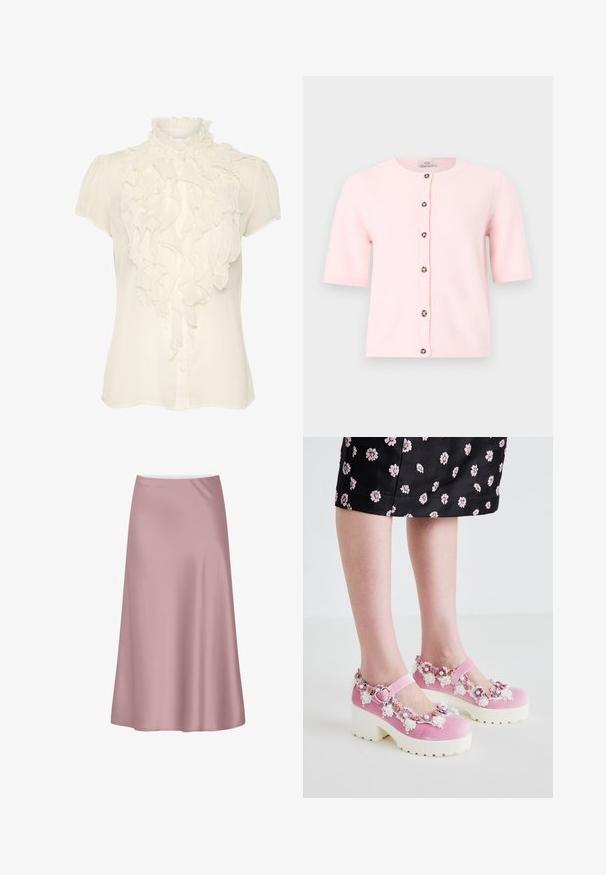 Cárdigan de manga corta en suave color rosa con cuello redondo y seis botones oscuros al frente, exhibido sobre un fondo gris claro.; Blusa crema fabricada en tejido ligero, con un frente con volantes, cuello alto, mangas cortas y cierre de botones.; Falda midi de satén rosa suave con una silueta en línea A y una tela lisa y fluida.; Zapatos Mary Jane de terciopelo rosa con suelas de plataforma blancas, adornados con aplicaciones florales y detalles de encaje alrededor de la apertura y la correa del tobillo.