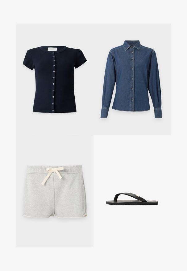 T-shirt côtelé bleu marine à manches courtes avec fermeture à boutons-pression sur le devant et col rond; Chemise en denim bleu foncé à manches longues avec boutons sur le devant, col pointu et coutures blanches visibles le long des coutures et des poignets.; Shorts en coton gris avec une taille élastique et un cordon de serrage, présentant une texture lisse et un design simple. Les ourlets sont légèrement incurvés.; Tongs noires avec une semelle plate, une semelle intérieure texturée noire, des sangles lisses et un petit accent doré près du séparateur de orteils.