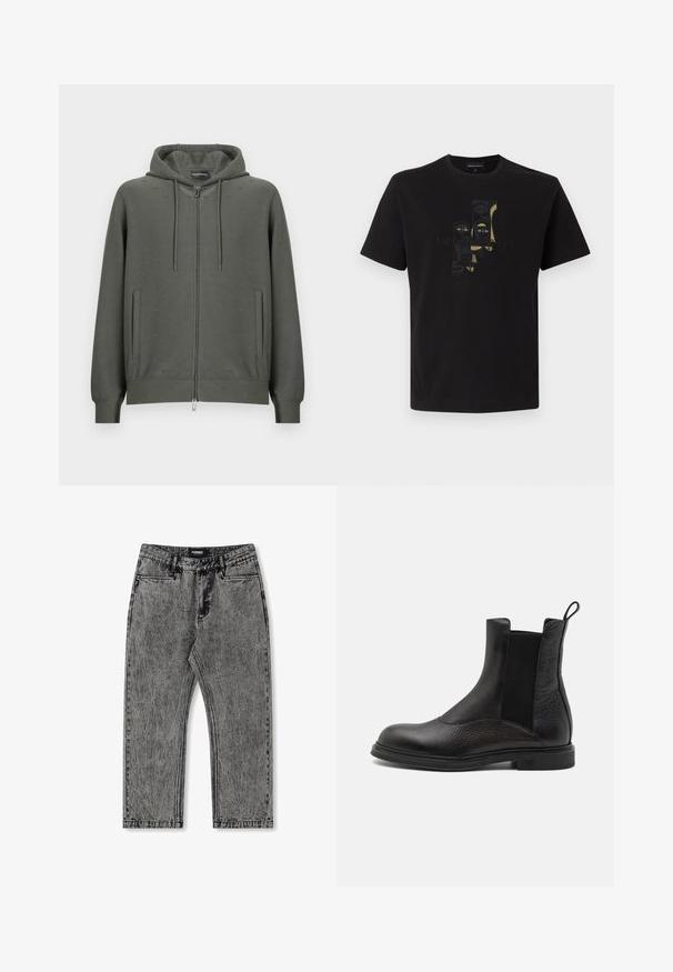 Mørkegrøn hættetrøje med lynlås i blødt stof, med hætte, to sidelommer og et diskret præget mønster over det hele. Inkluderer detaljer med sølvlynlås.; Sort t-shirt med korte ærmer med abstrakte vertikale maske-designs i dæmpet guld og sort samt teksten "Emporio Armani" på brystet.; Grå denim jeans med en slidset finish, lige ben og fem-lomme design. Har et label med "FORMER" på taljebåndet.; Emporio Armani Støvletter - nero