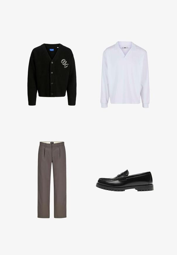 Cardigan noir avec un col en V, six boutons, poignets et ourlet côtelés. Présente un logo brodé en blanc sur le côté gauche. Texture douce.; Chemise polo blanche à manches longues en tissu coton, munie d'un col en V, de poignets côtelés et d'une coupe décontractée pour plus de confort. Étiquette de la marque visible à l'intérieur du col.; Pantalons gris avec un design à jambes droites, dotés de plis, d'une fermeture éclair et d'une texture lisse. La doublure interne est de couleur crème.; Mocassin en cuir noir avec une semelle en caoutchouc épaisse et un détail classique de bride à monnaie, vu de côté extérieur.