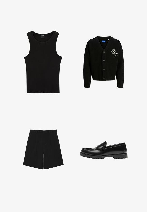 Zwarte cardigan met een V-hals, zes knopen, geribbelde manchetten en onderrand. Beschikt over een geborduurd logo in het wit aan de linkerkant. Zachte textuur.; Zwarte geribbelde tanktop met een ronde halslijn en wijde armsgaten, gemaakt van een zachte, rekbare stof. Label: Pull&Bear.; Zwarte op maat gemaakte shorts met riemlussen, voorplooien en zijzakken, plat neergelegd op een witte achtergrond.; Zwarte leren loafer met een dikke rubberen zool en klassieke penny-strap details, gezien vanaf de buitenkant.