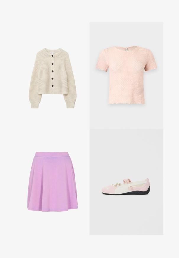 Strikket cremet cardigan med rund halsudskæring, knaplukning foran og ribbede manchetter. Har et tekstureret mønster og en let cropped design.; Kortærmet, lyserød tekstureret bluse med rund halsudskæring og let bølget kant, vist på ensfarvet baggrund.; Flæset nederdel i lilla farve med en figursyet talje, glat stof og en ren kant, vist mod en hvid baggrund.; Rosa ruskind slip-on sko med hvide detaljer, gummisål og elastiske stropper. Har et tekstureret design og et lille logo på fronten.