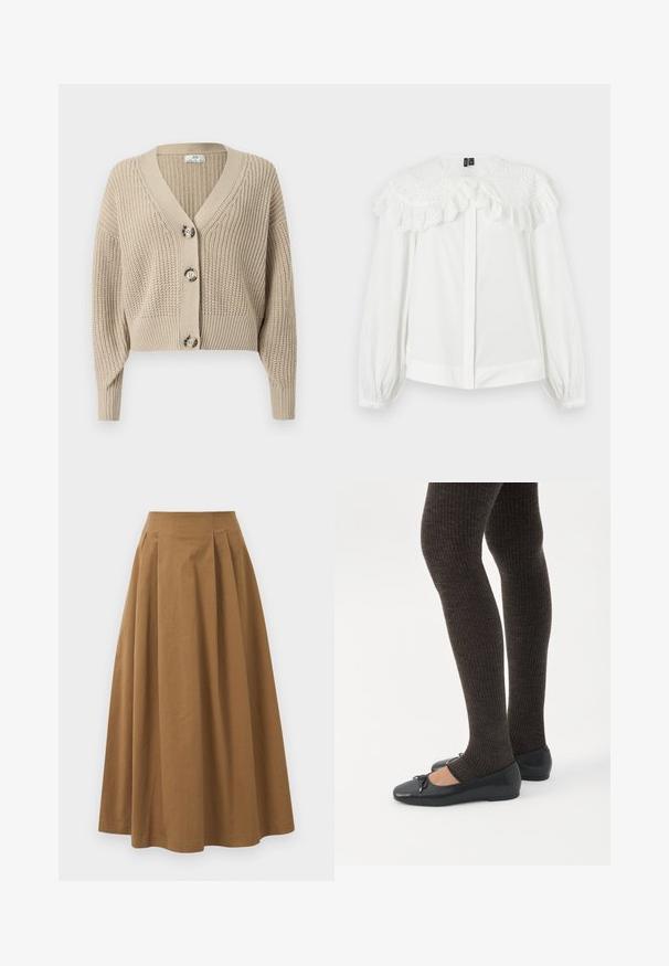 Gilet beige raccourci avec un col en V, texture côtelée et quatre grands boutons sur le devant. Manches longues avec des poignets ajustés.; Blouse blanche à manches longues avec un grand col en dentelle brodée à motifs ajourés et des bords froncés, équipée de boutons dissimulés sur le devant et de manches avec poignets.; Jupe A-line en coton brun avec taille haute, dotée de plis sur le devant et d'une texture lisse. Les finitions de l'ourlet sont nettes et simples.; Jambes portant des leggings côtelés foncés associés à des ballerines noires avec de petits détails en nœud sur fond blanc.
