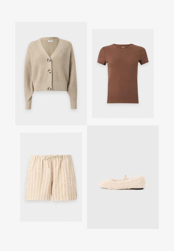 Beige cropped cardigan met een V-hals, ribbeltextuur en vier grote knopen aan de voorkant. Lange mouwen met aansluitende manchetten.; Bruine geribbelde T-shirt met korte mouwen en ronde hals met zichtbaar GAP-merklabel binnenin de kraag op een effen achtergrond.; Beige linnen short met witte verticale strepen, elastische tailleband en koord aan de voorkant op een effen lichte achtergrond.; Pluizig, crèmekleurig slipper met een zachte textuur, ronde neus, minimalistisch ontwerp en een klein stoffen lusje aan de achterkant voor gemakkelijk aan- en uittrekken.