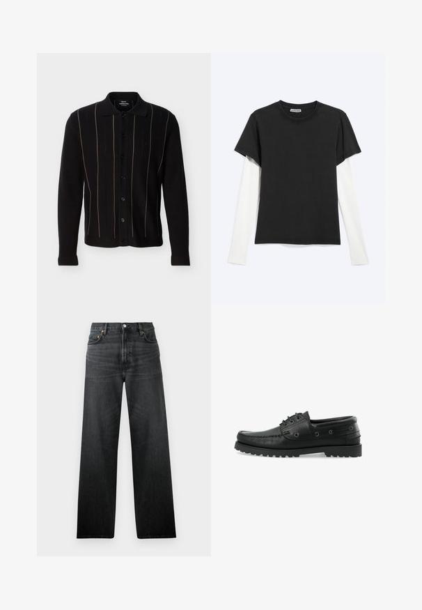 Sort cardigan med lange ærmer og knapper for, med tynde lodrette lysebrune striber, spids krave, knapper foran og subtilt brystlogo.; Sort T-shirt med korte ærmer lagdelt over en hvid skjorte med lange ærmer, fladt lagt på en lysegrå baggrund med WEEKDAY-mærket synligt inde i kraven.; Sorte denimbukser med lige ben, der har fem lommer og knappelukning. Stof har en let glans og synlig tekstur.; Sorte læder bådsko med tekstureret overflade, snørebåndsdesign, gummisål med trækkraft og metaløjer på siderne.