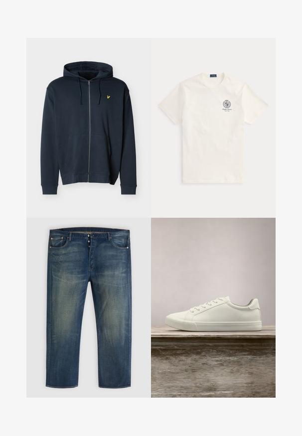 Marineblå hættetrøje med lynlås, forlommer, snørehætte og lille gul broderet fuglelogo på venstre bryst.; Hvid kortærmet Ralph Lauren t-shirt med lille mørkt emblem og "Ralph Lauren New York" tekst på venstre bryst.; Blå denimjeans med knaplukning, klassisk fem-lomme design og falmede detaljer på lår og knæ.; Hvide snørresneakers svævende over en træbænk med grønne planter i baggrunden, der fremhæver skodesign og tekstur.