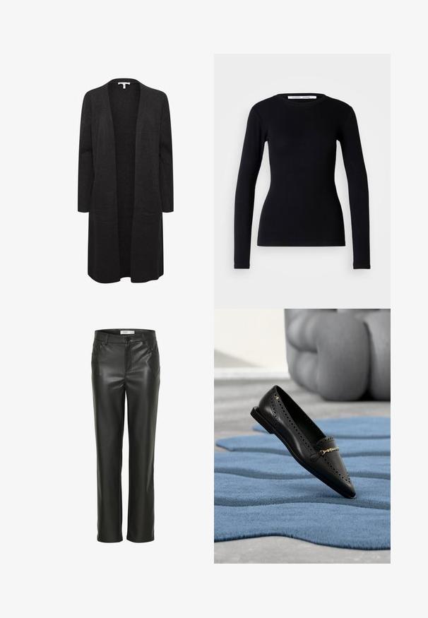 Long cardigan noir en tissu tricot doux, avec un devant ouvert, des manches longues et une coupe décontractée. Sans fermetures ni motifs.; Haut noir à manches longues en tissu côtelé. Doté d'un col rond et d'une coupe ajustée. Sans motifs ni ornements. Design simple.; Pantalons en cuir noir avec une coupe droite, dotés de poches avant et d'une fermeture à bouton. Texture lisse avec une apparence élégante.; Mocassin en cuir noir avec détails perforés et boucle dorée posé sur un tapis bleu texturé à formes abstraites.