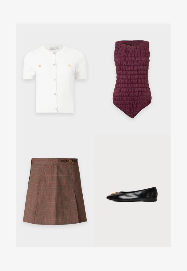 Hvid kortærmet cardigan med rund halsudskæring, forside med sølv- og guldknapper og to små brystlommer.; Bordeaux badedragt i ét stykke med en smocket tekstur, ærmeløst design og højskårne ben. Har en rund halsudskæring og Primaloft branding.; Brunternet skørter med orange accenter, der har et plisseret design, en tætsiddende talje og en dekorativ guldfarvet detalje på bæltet.; Sort flad sko i læder med spids snude og gyldent dekorativt emblem på ens hvid baggrund.