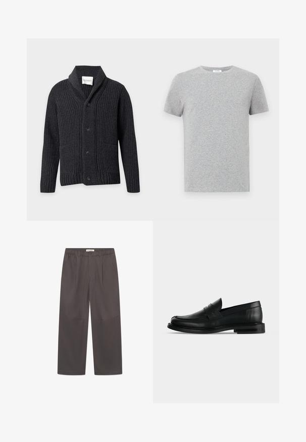 Mørkegrå ribstrikket cardigan med sjalskrave, fire sorte knapper foran og to forlommer.; Grå kortærmet t-shirt lavet af blød bomuldsblanding, med en klassisk rund hals, glat tekstur og minimalistisk design.; Grå, vide bukser lavet af glat stof, med knaplukning og to sidelommer. Simpelt, rent design uden synlige mønstre.; Sort læder herre penny loafer med lav stablet hæl og rundet tå vist fra siden på lys grå baggrund.