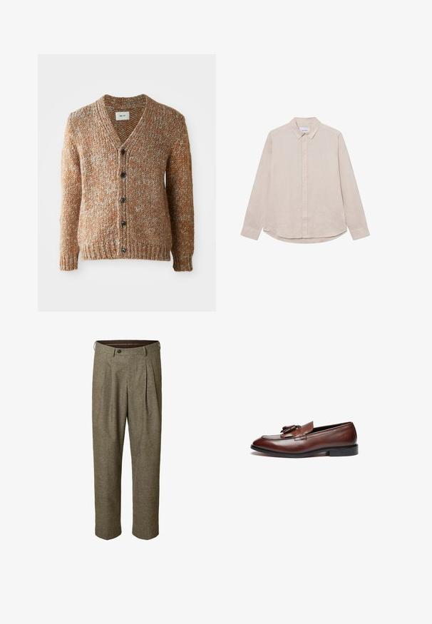 Struktur cardigan i varme nuancer af orange med hvide pletter. V-hals, lukning med seks knapper, ribbet kant og manchetter. Fremstillet af strikket materiale.; Beige langærmet skjorte lavet af hør, med en knap-ned krave, diskret logo detaljer på brystet og en buet kant.; Brune bukser med ternet mønster, plisseret front, sidelommer, linning med bæltestropper og knaplukning.; Brune læder loafers med en glat finish, dekorative kvaster, en rund tå og en lav sort gummisål.