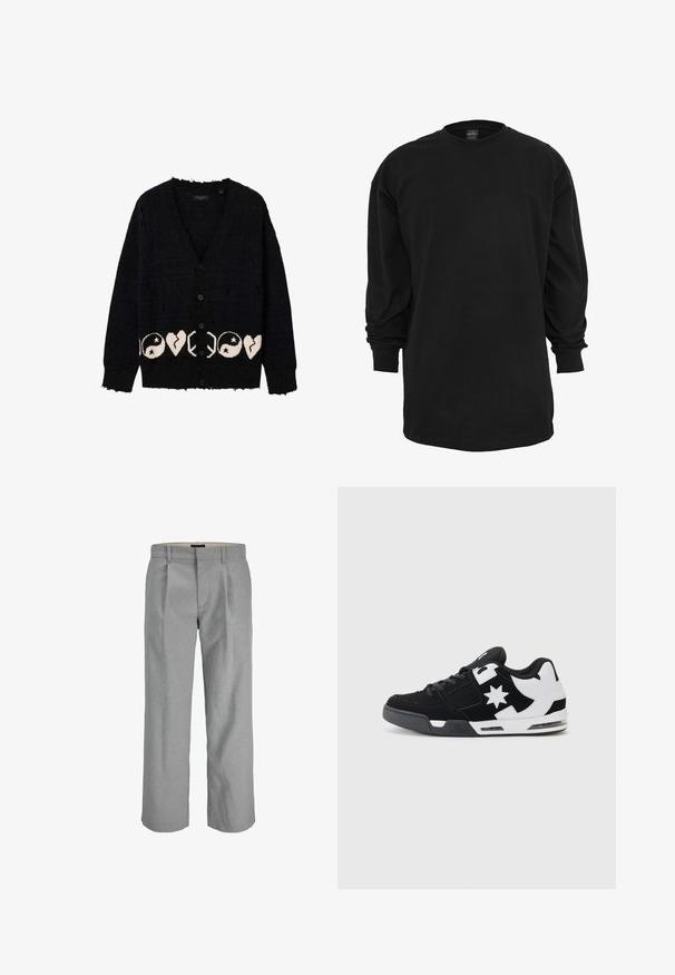 Cardigan noir boutonné avec des détails usés et un motif blanc de symboles yin-yang et de cœurs brisés sur l’ourlet inférieur.; T-shirt noir à manches longues en coton. Doté d'un col rond et d'une coupe régulière. Textile lisse sans motifs ni accents visibles.; Pantalons gris clair en tissu texturé, dotés de plis à l'avant, de jambes droites et d'une taille standard pour la fermeture.; Baskets noir et blanc avec des matériaux en daim et en maille. Dotées d'un logo étoile proéminent et d'accents audacieux sur le côté, avec une semelle rembourrée.