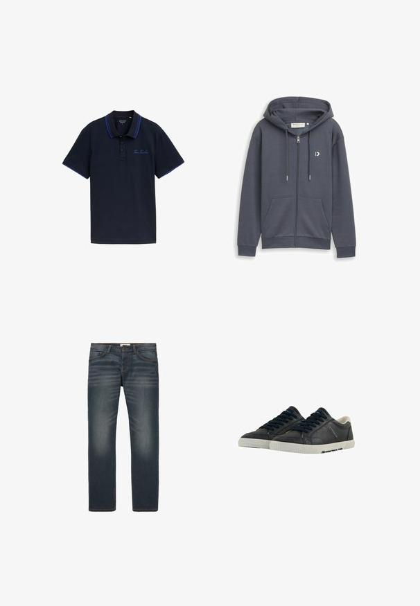 Sudadera con capucha y cremallera en gris oscuro, con bolsillos frontales, capucha con cordón y pequeño logo blanco en el pecho izquierdo.; Camisa polo azul marino con un cuello de dos botones, acentos en el cuello y las mangas de color azul contrastante, y logo bordado de "Tom Tailor" en el pecho.; Jeans azul oscuro con diseño de pierna recta, ligero desgastado, costuras naranjas, cinco bolsillos y cierre de botón en la cintura.; Zapatillas de deporte de cuero marino con suelas de goma blanca, punta redonda y cordones negros. Texturas sutiles y marcas en los laterales. Diseño casual.