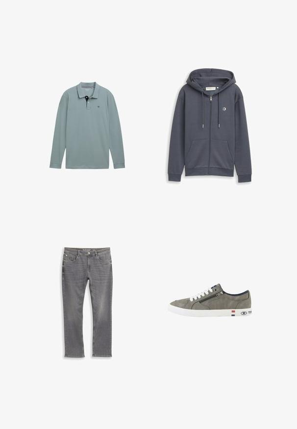 Sudadera con capucha y cremallera en gris oscuro, con bolsillos frontales, capucha con cordón y pequeño logo blanco en el pecho izquierdo.; Polo de manga larga en azul claro con un cuello en contraste de color marino. Material de algodón, con un pequeño logo en el lado izquierdo del pecho. Corte clásico.; Vaqueros de mezclilla grises con un corte recto. Presentan bolsillos delanteros, cierre de botón y un desvanecimiento sutil. Detalles de costuras en las uniones.; Zapatilla deportiva baja gris con cordones blancos, cremallera lateral y suela blanca con franjas rojas, blancas y azules y marca Tom Tailor.