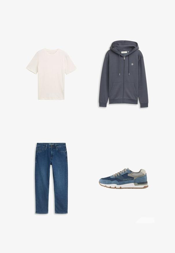 Mørkegrå hættetrøje med lynlås, forlommer, justerbar snørelukning ved hætten og lille hvidt logo på venstre bryst.; Kortærmet T-shirt med rund hals i off-white bomuld. Har en afslappet pasform med glat tekstur og ingen bemærkelsesværdige mønstre eller accenter.; Blå straight-leg denimjeans med forlommer og knaplukning, lagt fladt på en hvid baggrund.; TOM TAILOR LICENCE SNEAKER MIT -BLOCKING - Sneakers - navy