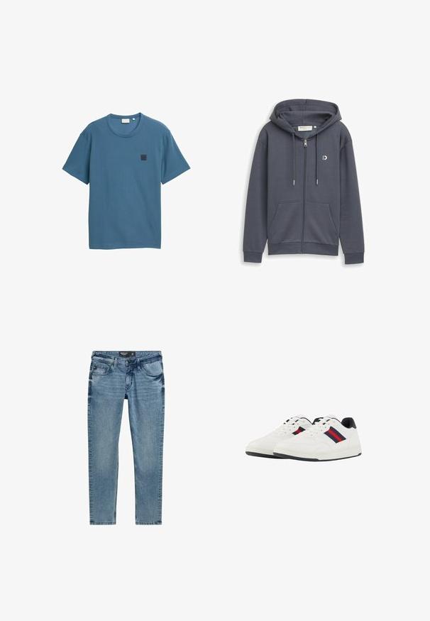Dunkelgrauer Kapuzenpullover mit Reißverschluss, Fronttaschen, Kordelzugkapuze und kleinem weißen Logo auf der linken Brust.; Blaues kurzärmliges T-Shirt aus strukturiertem Stoff, mit einem runden Halsausschnitt und einem quadratischen Logo-Patch auf der linken Brust.; Hellblaue Denim-Jeans mit schlanker Passform, ausgestattet mit fünf Taschen, einem Reißverschluss und Ziernähten entlang der Nähte.; TOM TAILOR Sneaker low - white navy