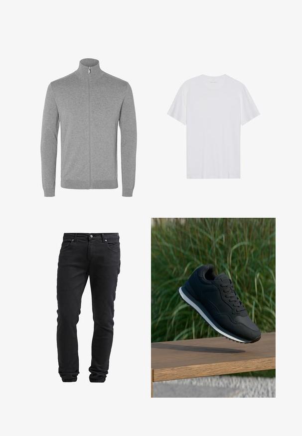 Lichtgrijze cardigan met lange mouwen en rits, hoge kraag en geribde manchetten en zoom.; Witte katoenen T-shirt met korte mouwen, een ronde hals en een gladde textuur. Heeft minimale branding op de halslijn.; Zwarte slim-fit jeans met knoop- en ritssluiting, vijf zakken en elastische boorden bij de enkels.; Zwarte sportieve schoen met een gestructureerde bovenkant, vetersluiting en contrasterende witte tussenzool; in de lucht weergegeven boven een houten oppervlak.