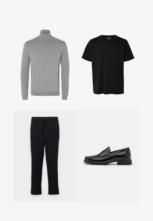 Cardigan gris clair à manches longues avec fermeture éclair, col montant, poignets et base côtelés.; T-shirt noir uni à manches courtes et col rond pour homme, sans motifs ni logos visibles à l’avant.; Pantalons noirs en tissu doux avec une taille à cordon, coupe droite et ourlet simple, sans poches ni embellissements.; Mocassins en cuir noir avec un embout arrondi, présentant un détail cousu sur le dessus, et un petit talon carré. Texture lisse et finition brillante.