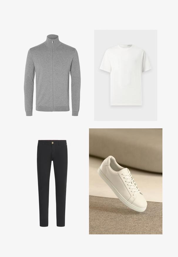 Cárdigan gris claro de manga larga con cremallera, cuello alto y puños y bajo acanalados.; Camiseta blanca lisa de manga corta y cuello redondo mostrada sobre un fondo gris claro.; Chinos negros de mezcla de algodón, con un diseño de corte ajustado, cierre de botón, trabillas para cinturón y bolsillos laterales. Textura suave en toda su superficie.; Zapatilla de cuero blanca con cordones blancos, exhibida sobre una superficie texturizada beige y un suave fondo desenfocado.