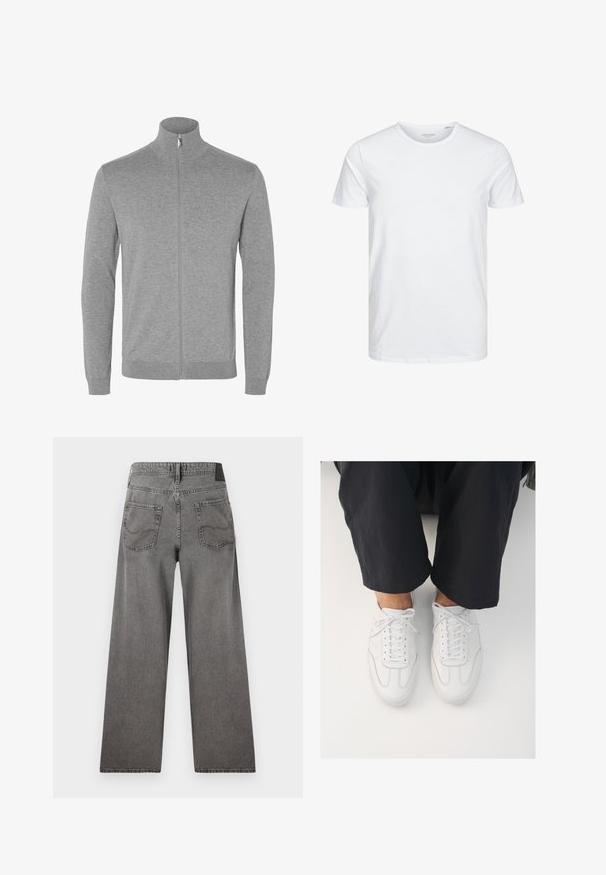 Lichtgrijze cardigan met lange mouwen en rits, hoge kraag en geribde manchetten en zoom.; Ronde hals kortemouwen t-shirt in effen wit, gemaakt van zachte katoen, heeft een eenvoudig ontwerp zonder zichtbare patronen of accenten.; Grijze wijdvallende spijkerbroek met twee achterzakken en een tailleband met ceintuurlussen, plat van achteren weergegeven.; Witte leren sneakers met een gladde textuur, ronde neus en klassiek vetersysteem, gepositioneerd boven donkere, losse broeken.