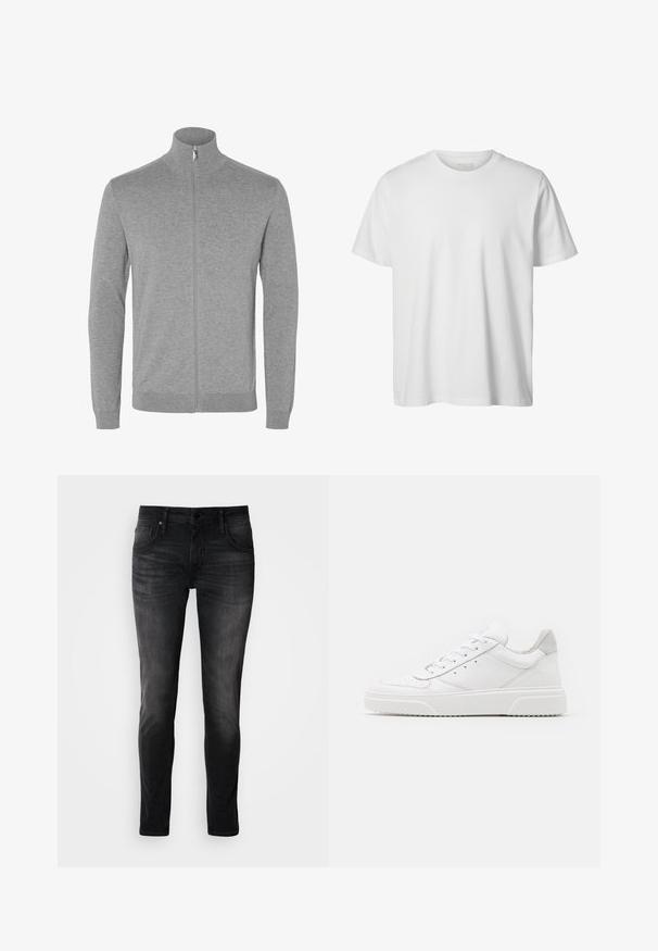 Lysegrå cardigan med lynlås og lange ærmer, høj krave samt ribstrikkede manchetter og kant.; Enkelt hvid T-shirt med korte ærmer og rund hals, løs pasform og uden synlige logoer eller designs foran.; Sorte denimjeans med slim fit, fem-lomme design, diskret falmning og kontraststing. Har klassisk metalknap og lynlås lukning.; Hvide lædersneakers med en glat finish, rund tå, flade snørebånd og en struktureret sål. Grå ruskindsdetalje ved hælen.
