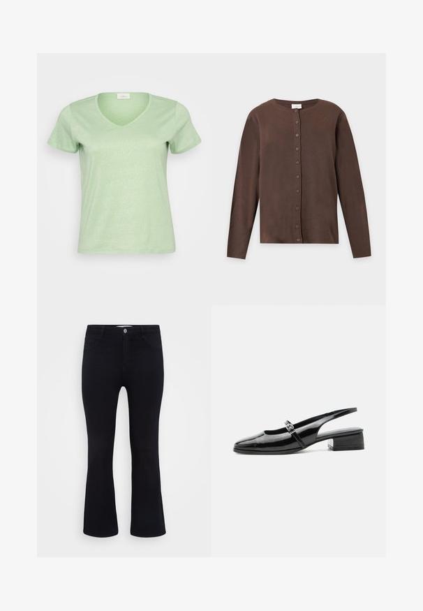 Brun cardigan med lange ærmer og knapper foran, rund halsudskæring, lavet af blødt strikstof, vist på en ensfarvet lys grå baggrund.; Lys grøn, kortærmet V-hals T-shirt lavet af et blødt, let skinnende stof med et enkelt og rent design.; ONLY Carmakoma Flared fit CARTHUNDER Mid waist - Flared jeans - black denim; Sort laklæderslingback-sko med lav blokhæl og tynd rem med sølvspænde over toppen.