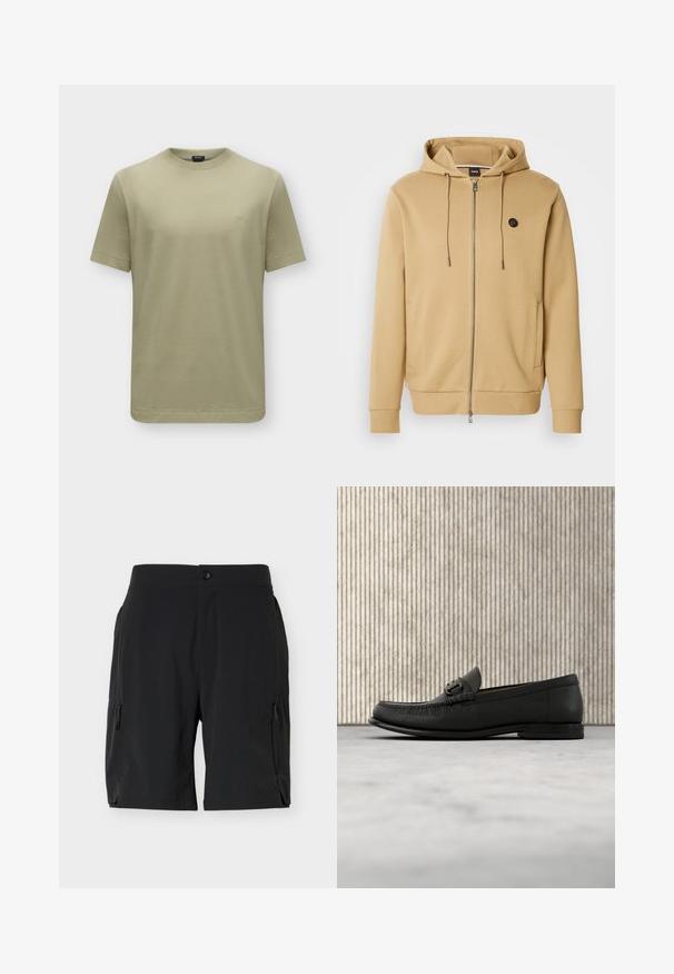 Sweat à capuche marron à fermeture éclair, fabriqué en mélange de coton doux. Comprend une capuche avec cordon, des poches latérales et un petit logo sur la poitrine.; T-shirt kaki uni à manches courtes avec col rond et petit logo "BOSS" sur la poitrine gauche.; Shorts noirs mi-cuisses avec poches zippées latérales et fermeture par bouton à la taille, présentés sur un fond blanc uni.; Mocassin en cuir noir avec détail de mors en métal, présenté au-dessus d'un tapis beige, avec une table ronde marron en arrière-plan.
