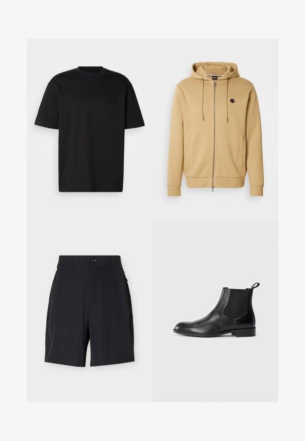 Sweat à capuche marron à fermeture éclair, fabriqué en mélange de coton doux. Comprend une capuche avec cordon, des poches latérales et un petit logo sur la poitrine.; T-shirt en coton noir à manches courtes, col rond et détail de logo en relief sur la poitrine. Texture lisse et coupe décontractée.; Shorts noirs ajustés avec taille boutonnée, passants pour ceinture et poches latérales zippées sur un fond clair uni.; Bottine en cuir noir avec des panneaux latéraux élastiques, bout rond et tirette. Texture lisse, semelle plate, design minimaliste.