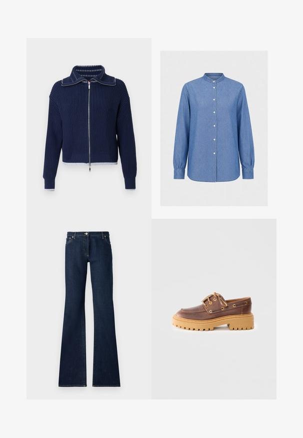 Pull côtelé bleu marine à fermeture éclair avec un grand col, des éléments en métal argenté et un bord contrastant de couleur claire à l'ourlet et aux poignets.; Chemise en denim bleu à manches longues avec col mandarin et boutons sur le devant, avec poignets boutonnés et ourlet droit.; Jean flare bleu foncé en denim, dotés d'un design à cinq poches, de passants de ceinture et de coutures jaunes contrastées le long des coutures.; Chaussure en cuir marron avec un bout arrondi, un laçage, une semelle en caoutchouc et des œillets dorés. Surface texturée et semelle épaisse pour une meilleure adhérence.